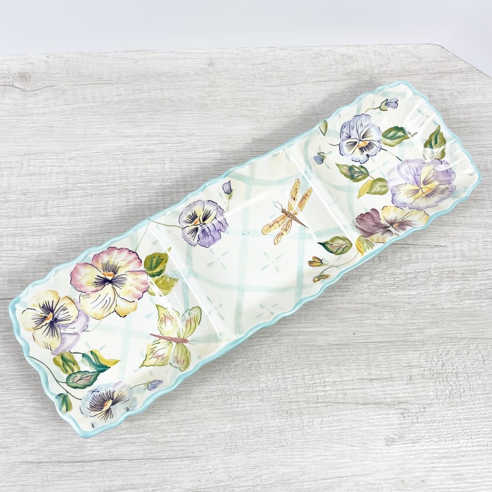 Vintage Capriware Pansy Collection Blue Floral Divided Serving Dish Dragonfly